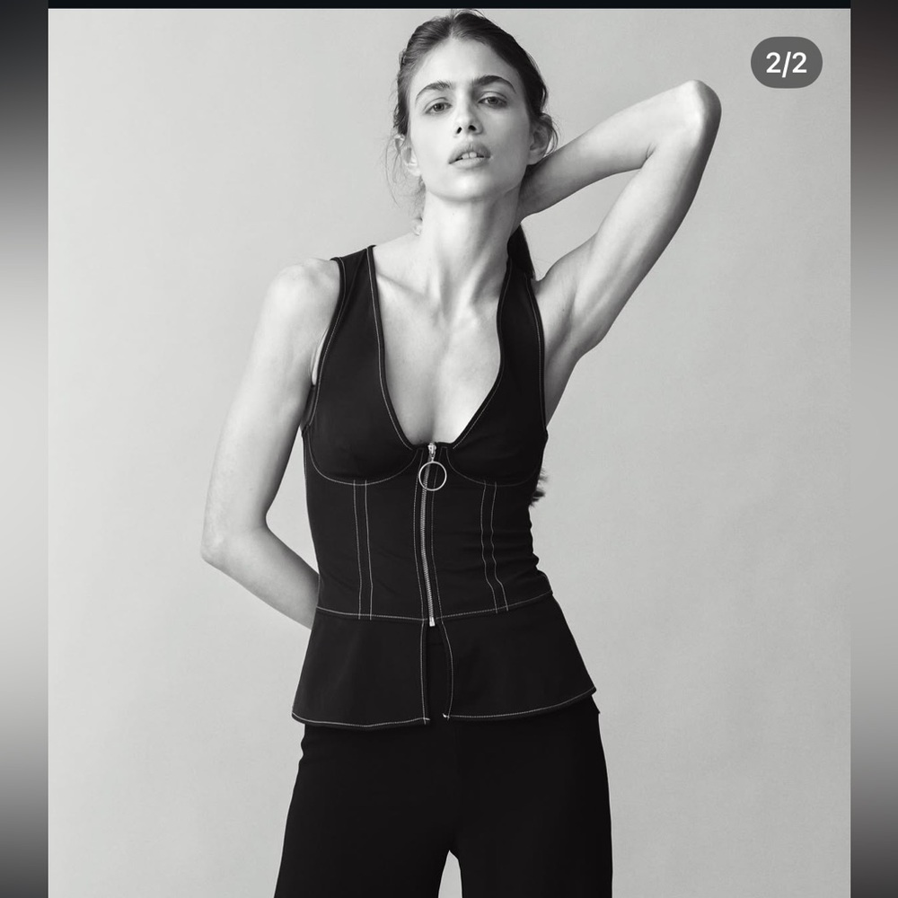H&M Black  Zip-Up Vest corset Peplum top, silky material with contrast stitching